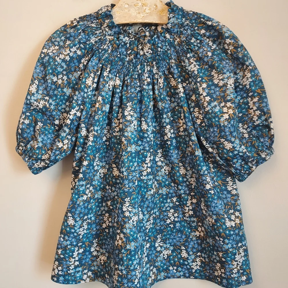 J. Crew Liberty Print Short Puff Sleeve Blue Floral Blouse Top Size XS